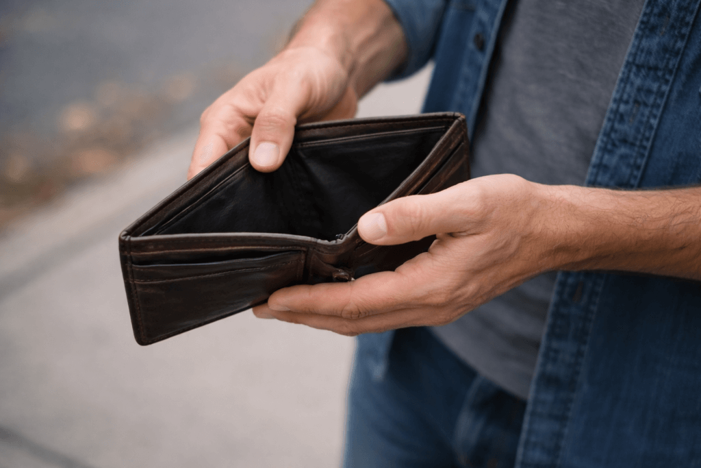 Person picking up lost wallet from ground symbolizing recovery and restoration