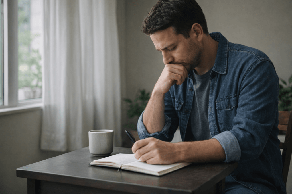 Person writing in journal and reflecting after having a meaningful dream