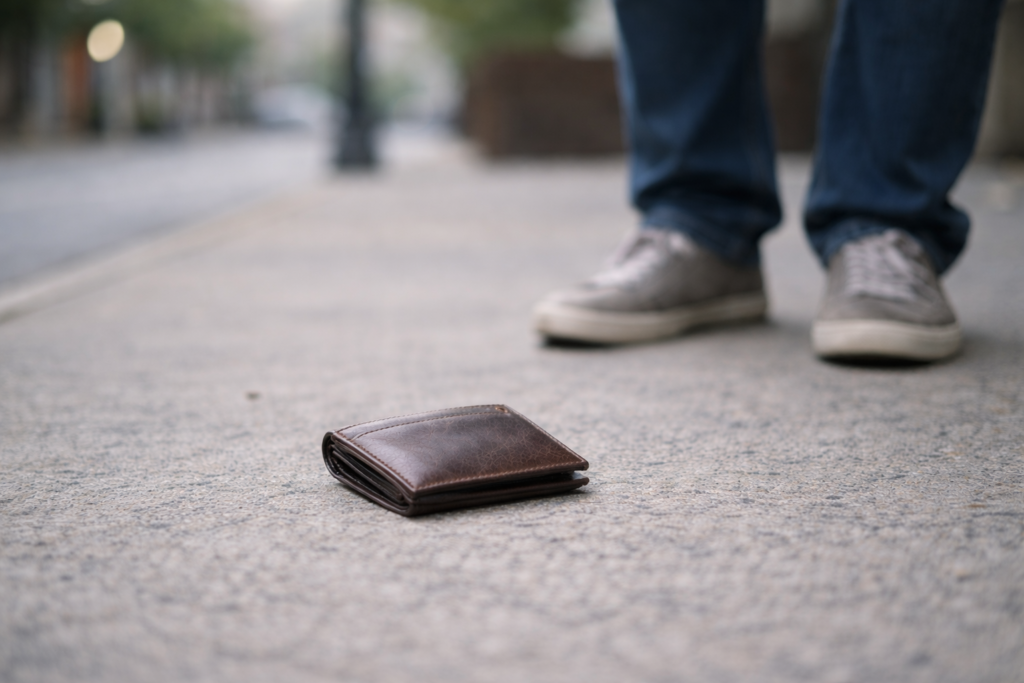 Wallet lying on pavement with shoes nearby representing lost wallet dream symbolism