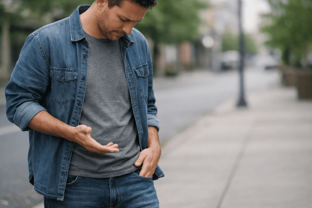 Man realizing he lost his wallet on street – spiritual meaning of losing a wallet